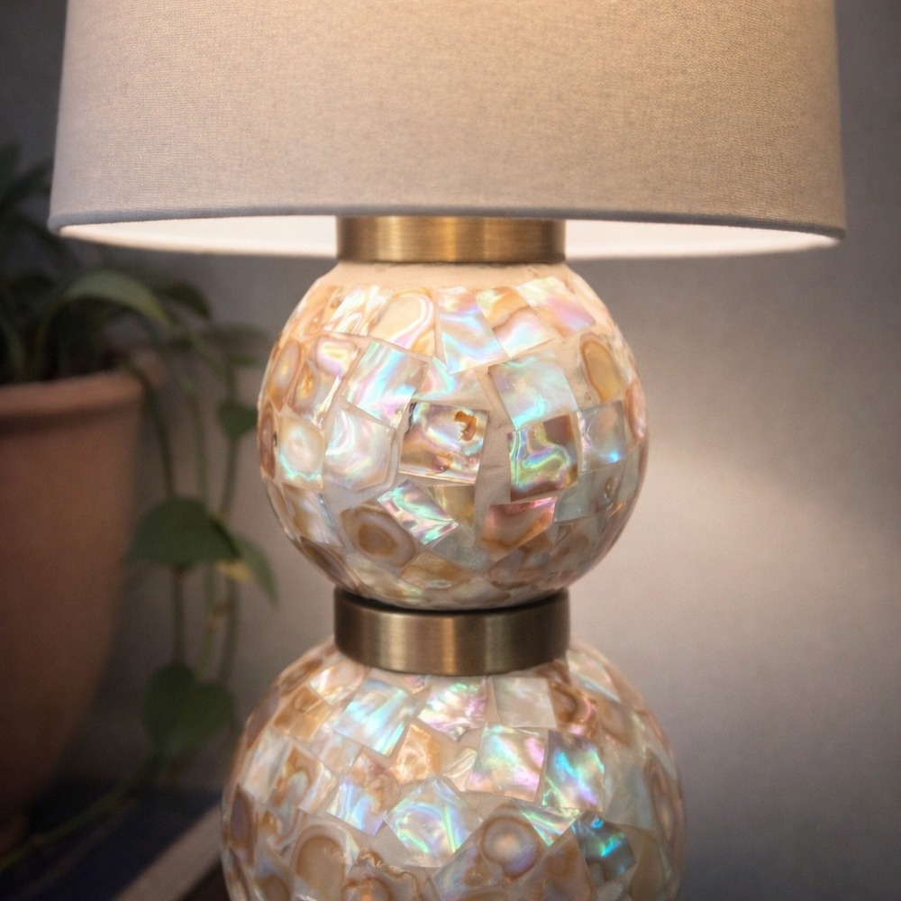 Mother of Pearl Capiz Shell Mosaic Table Lamp Base Brushed Brass Double Globe